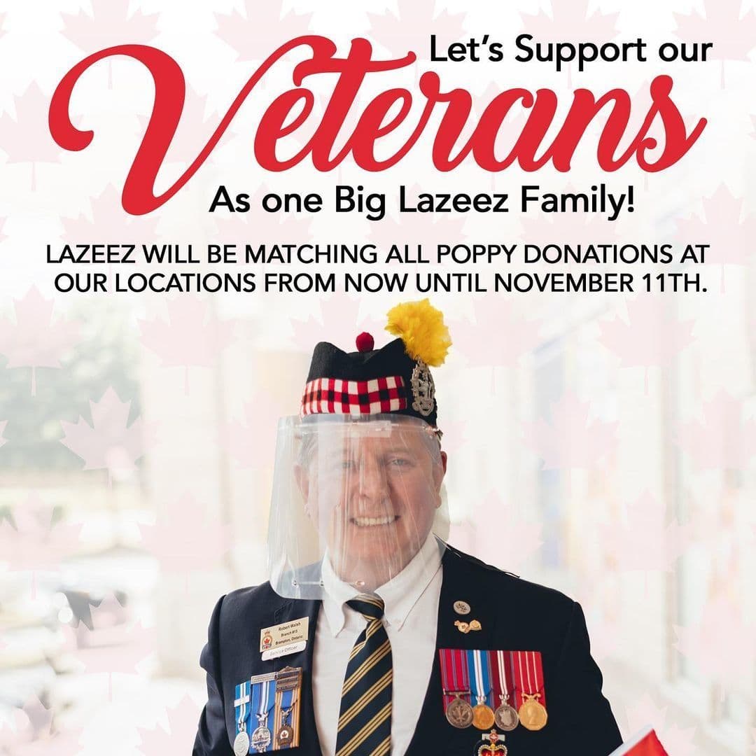 Lazeez Matches All Poppy Donations at All Locations for Veterans Affairs Canada