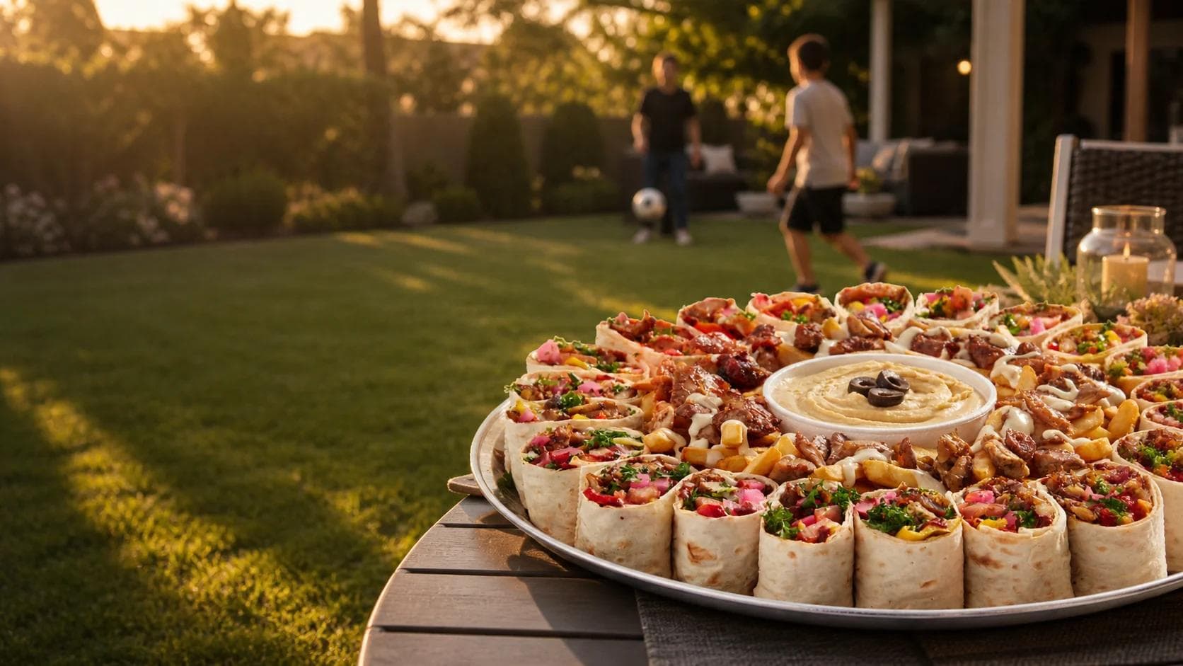 A Lazeez catering platter served outdoors for a gathering